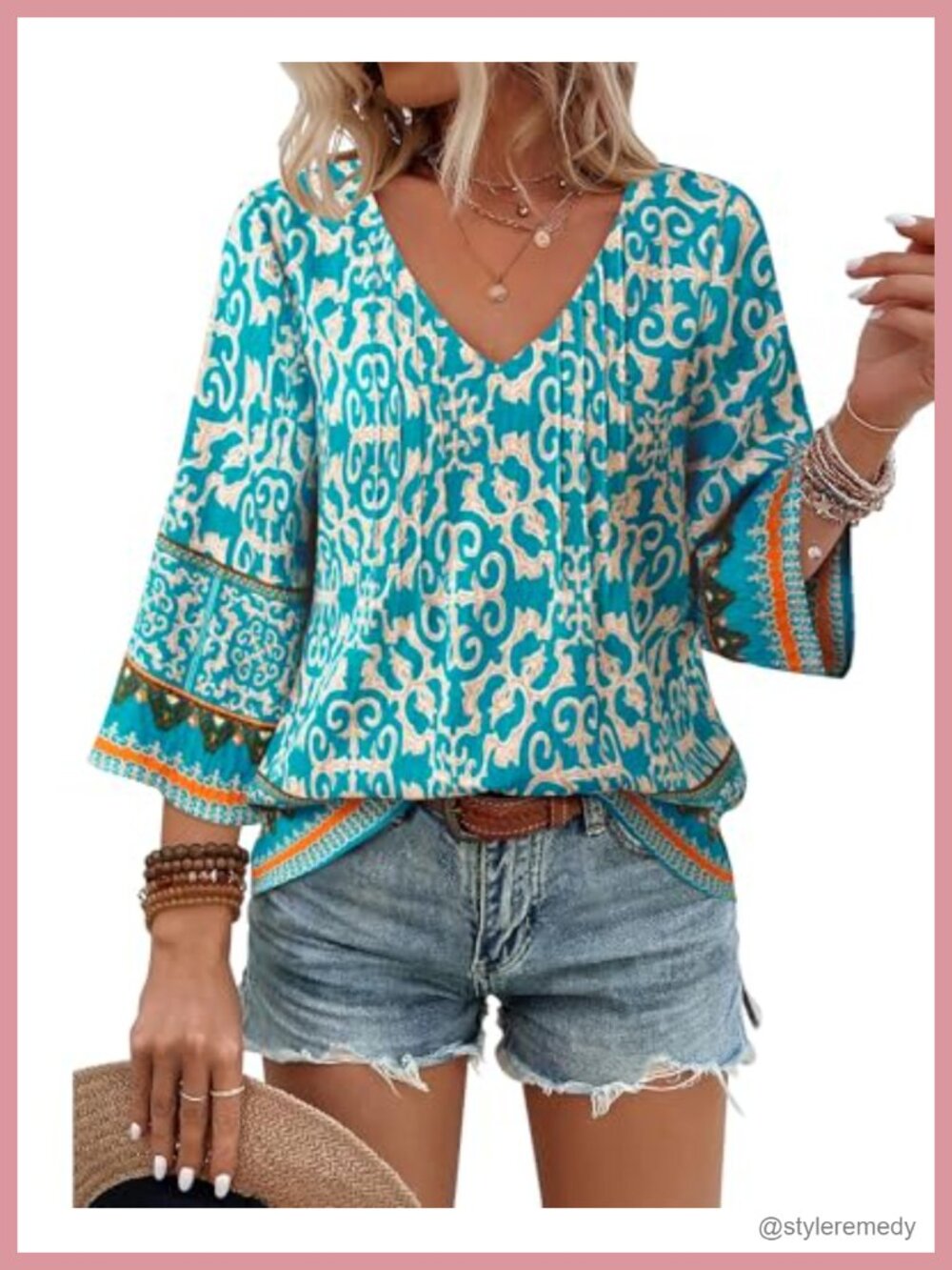 Women's V-Neck 3/4 Sleeve Boho Tunic Top Loose Fit Floral Blouse